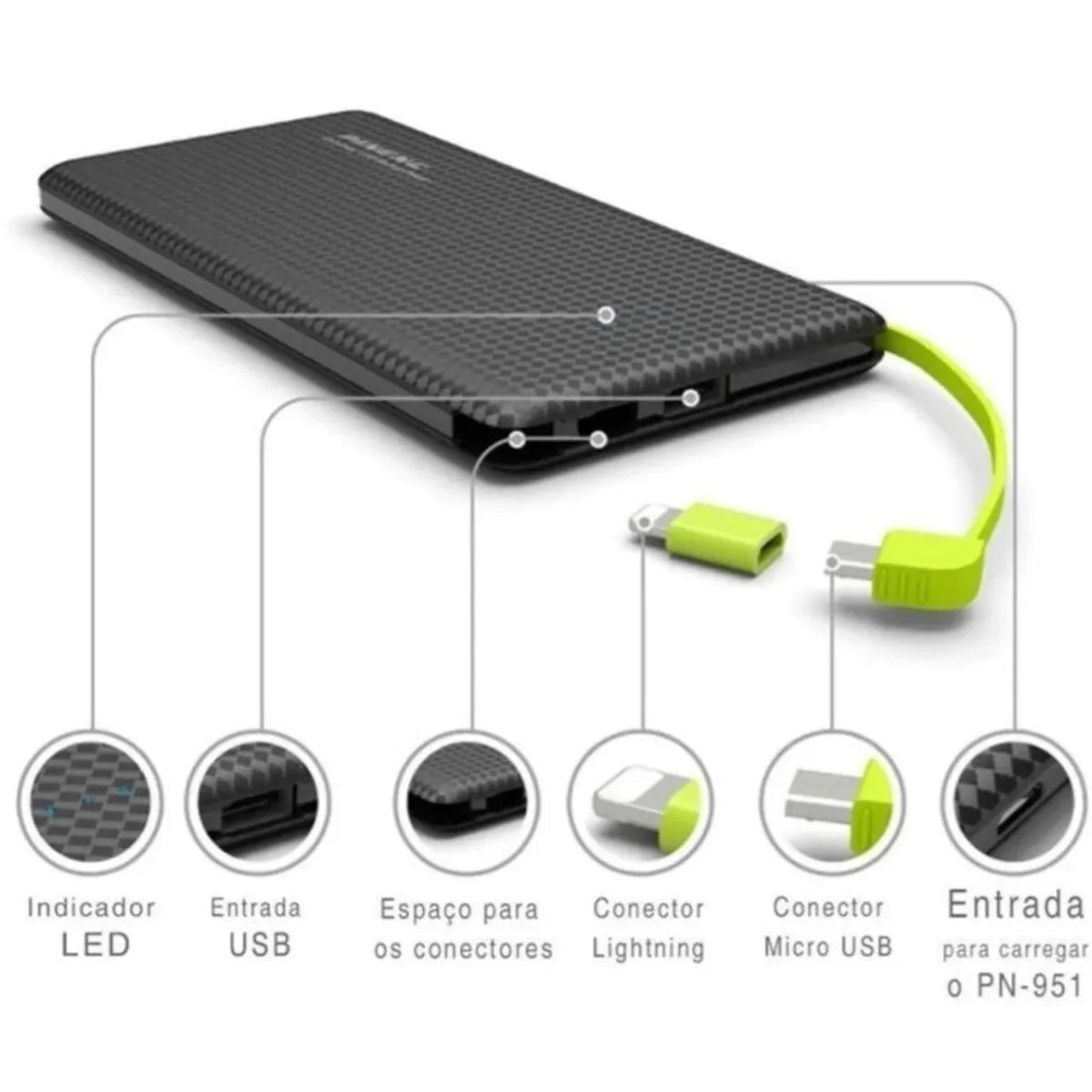 Mega Carregador portátil power bank 10000mah com adaptador lightning